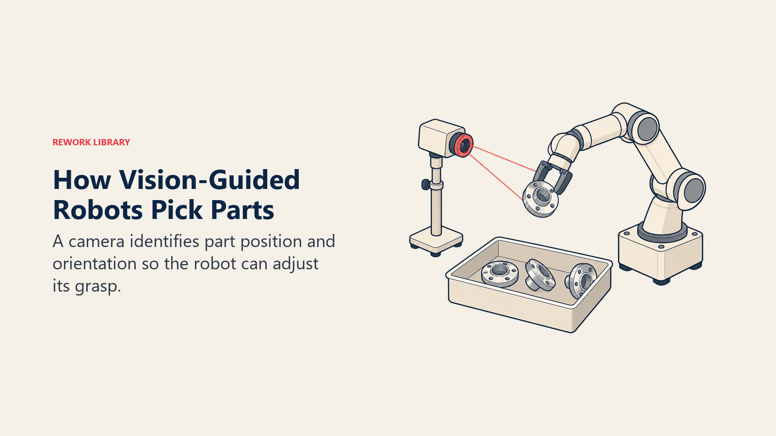 How Vision-Guided Robots Pick Parts: A camera identifies part position and orientation so the robot can adjust its grasp.