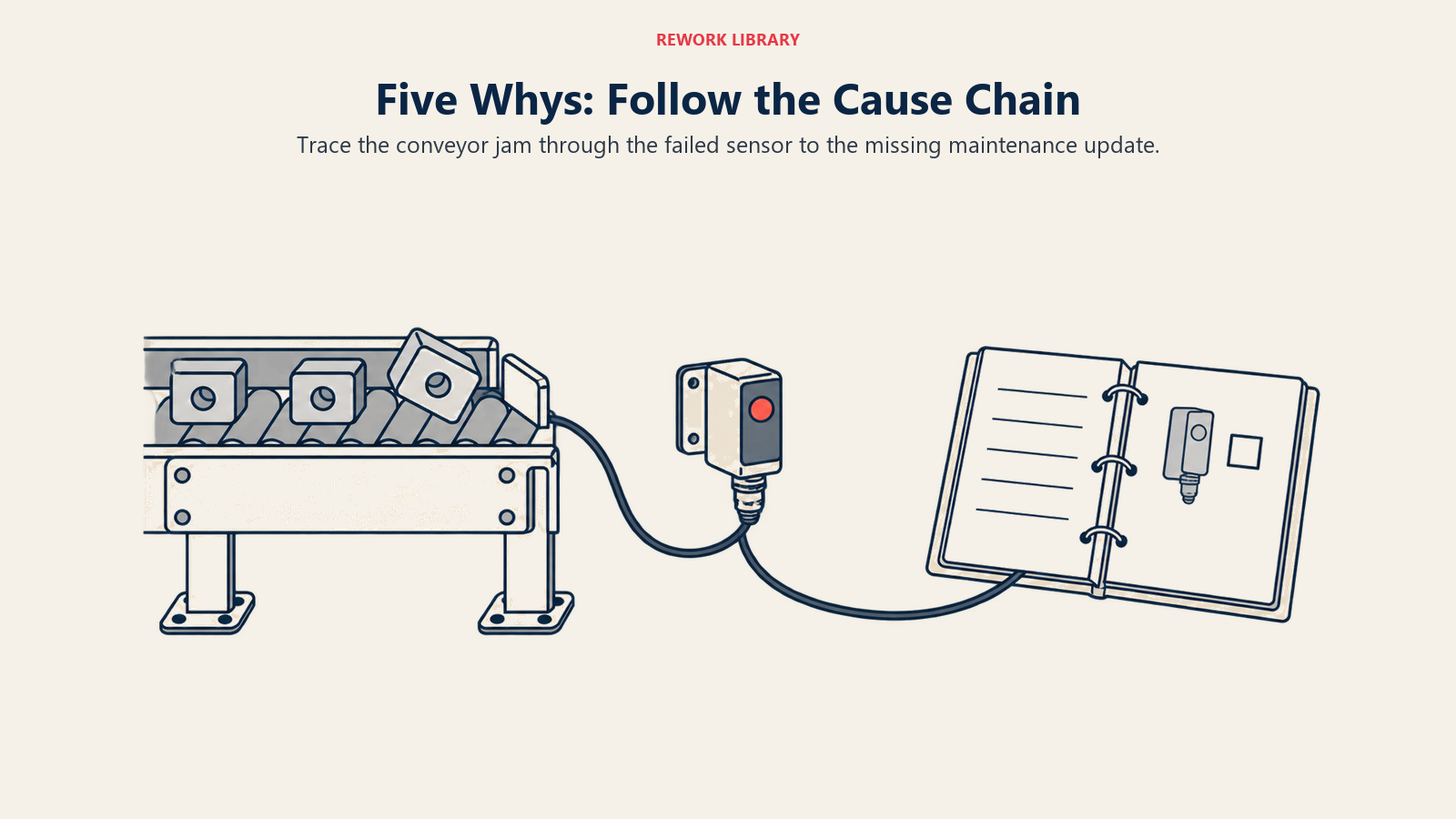Five Whys: Follow the Cause Chain: Trace the conveyor jam through the failed sensor to the missing maintenance update.