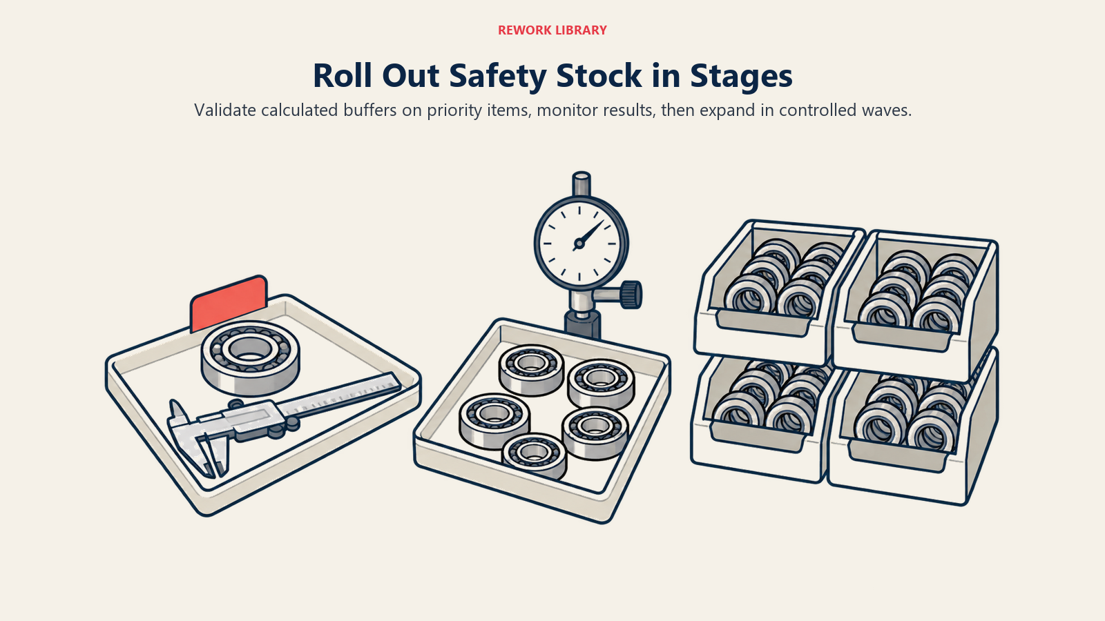 Roll Out Safety Stock in Stages: Validate calculated buffers on priority items, monitor results, then expand in controlled waves.