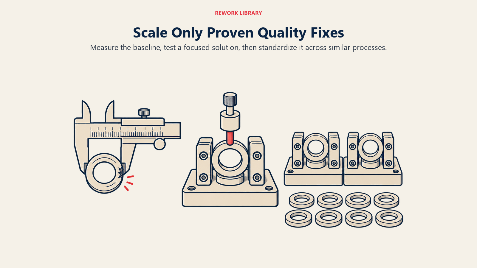 Scale Only Proven Quality Fixes: Measure the baseline, test a focused solution, then standardize it across similar processes.