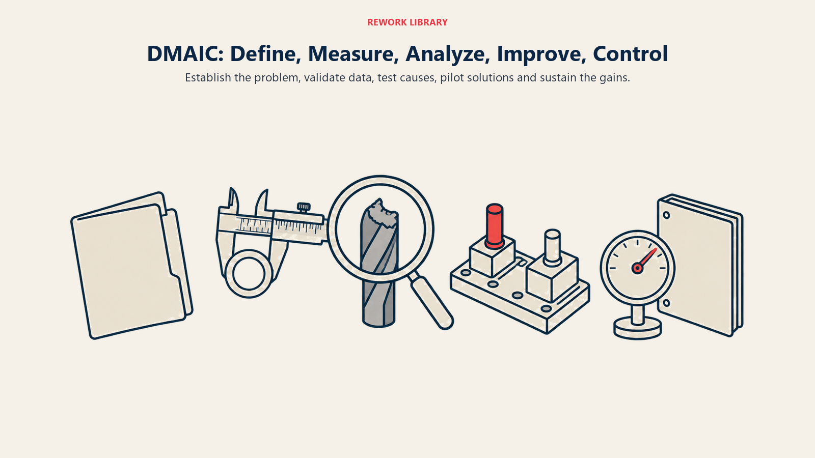 DMAIC: Define, Measure, Analyze, Improve, Control: Establish the problem, validate data, test causes, pilot solutions and sustain the gains.