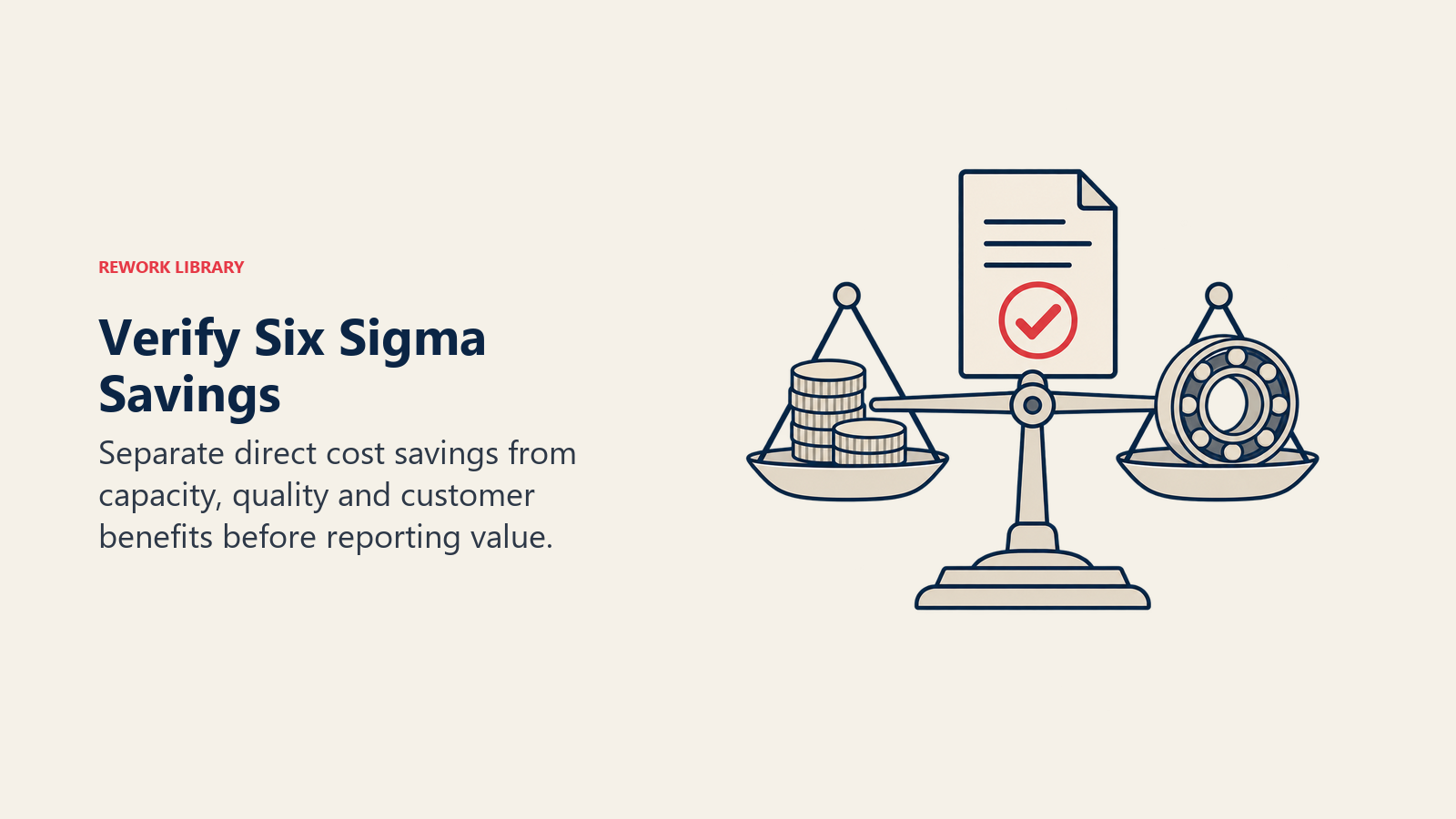 Verify Six Sigma Savings: Separate direct cost savings from capacity, quality and customer benefits before reporting value.