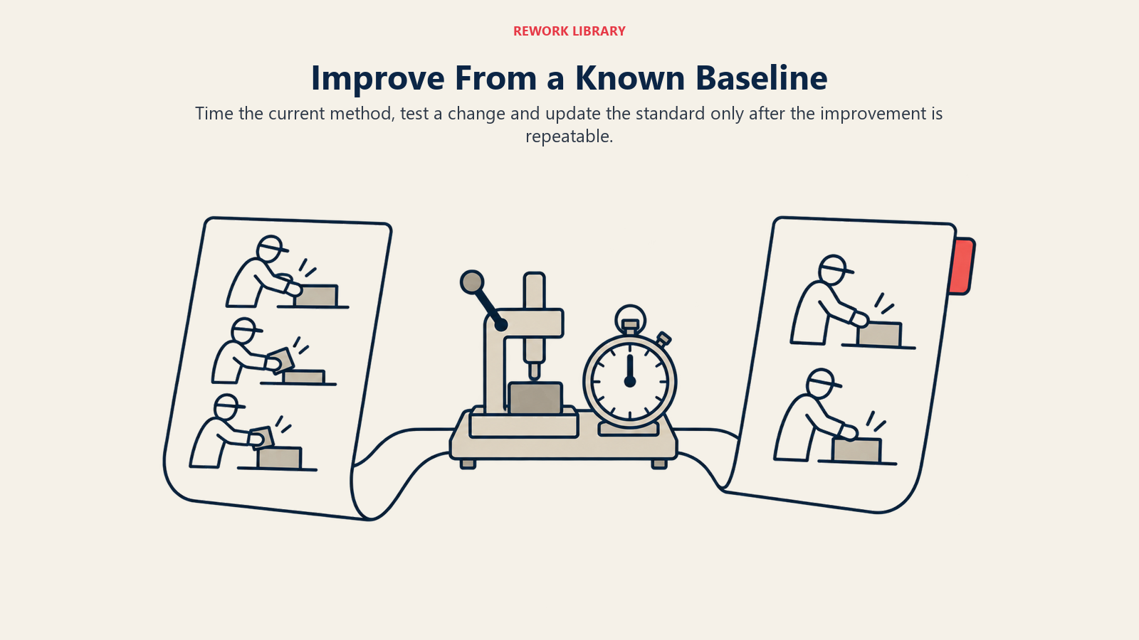 Improve From a Known Baseline: Time the current method, test a change and update the standard only after the improvement is repeatable.