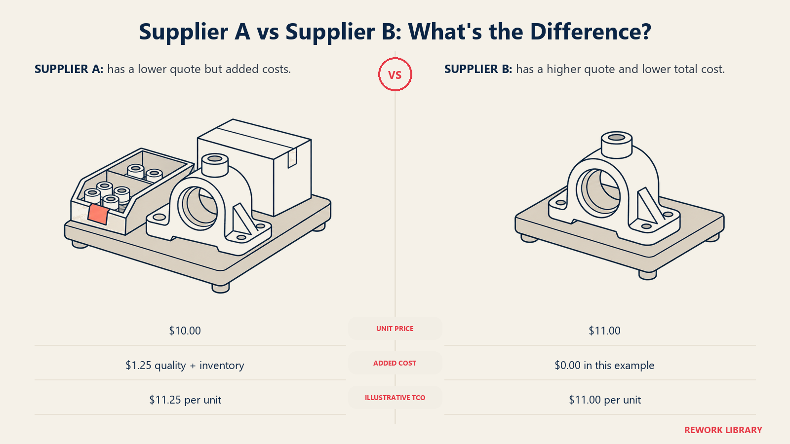 Supplier A vs Supplier B: What's the Difference: In this illustrative example, the higher unit price has the lower total cost after quality and inventory costs.
