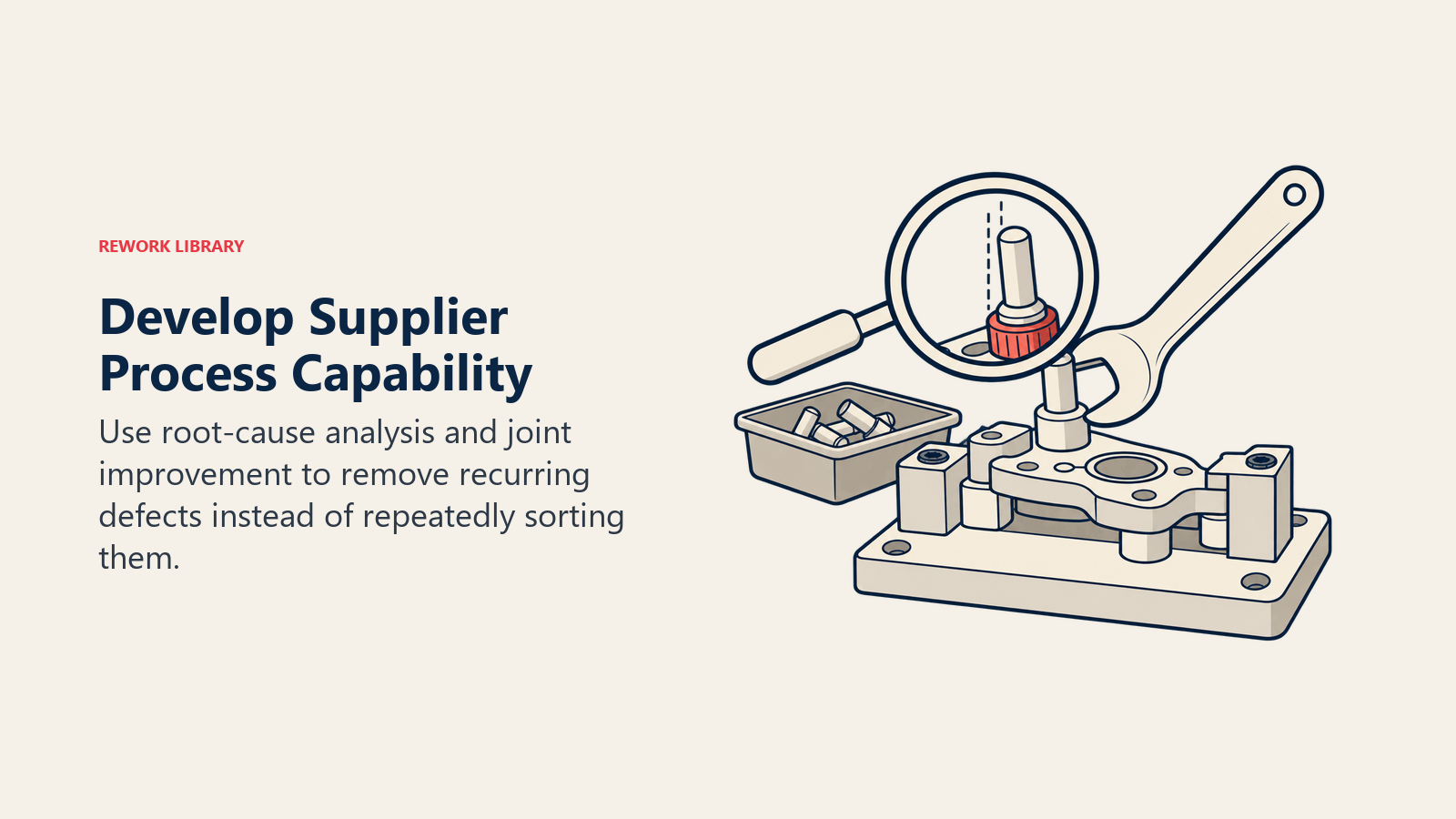 Develop Supplier Process Capability: Use root-cause analysis and joint improvement to remove recurring defects instead of repeatedly sorting them.
