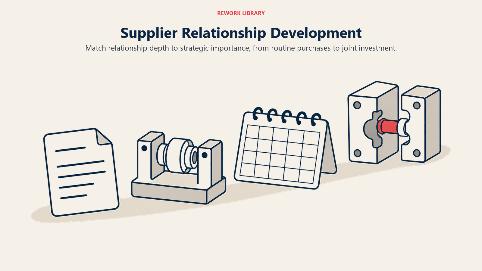 Supplier Relationship Development: Match relationship depth to strategic importance, from routine purchases to joint investment.