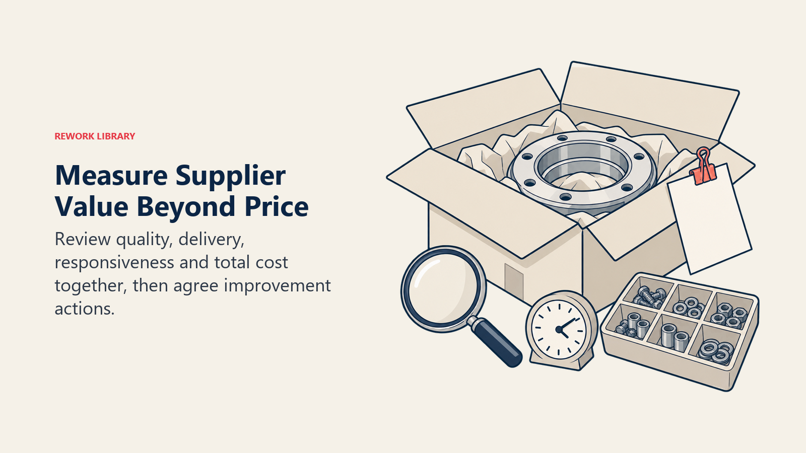 Measure Supplier Value Beyond Price: Review quality, delivery, responsiveness and total cost together, then agree improvement actions.