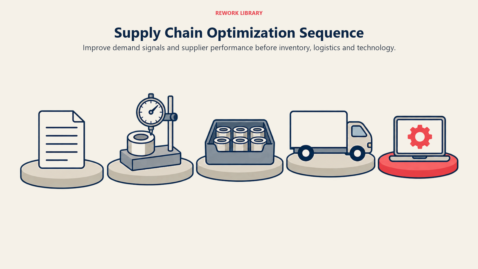 Supply Chain Optimization Sequence: Improve demand signals and supplier performance before inventory, logistics and technology.