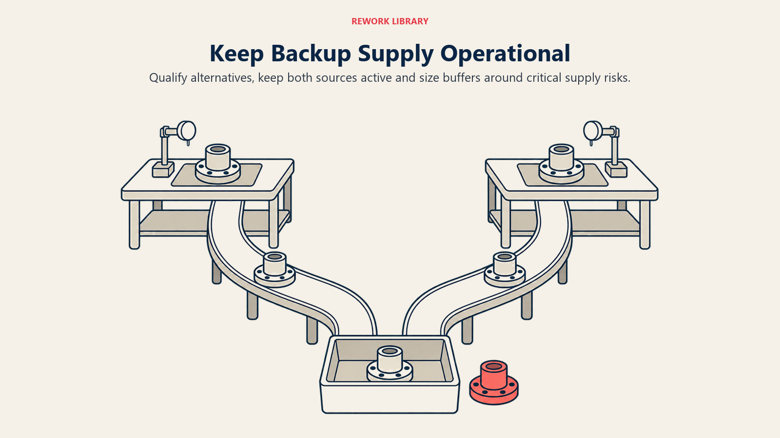 Keep Backup Supply Operational: Qualify alternatives, keep both sources active and size buffers around critical supply risks.