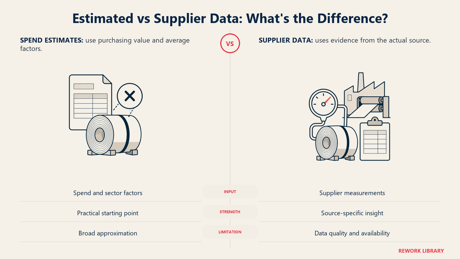 Estimated vs Supplier Data: What's the Difference: Spend-based factors start the inventory; supplier-specific evidence improves its accuracy.