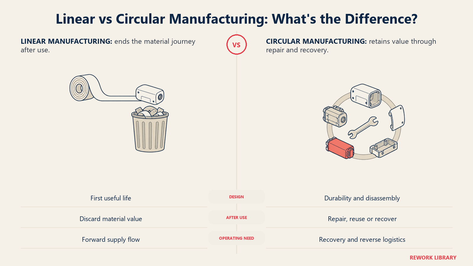 Linear vs Circular Manufacturing: What's the Difference: Linear systems discard value after use; circular systems design for repair, recovery and reuse.