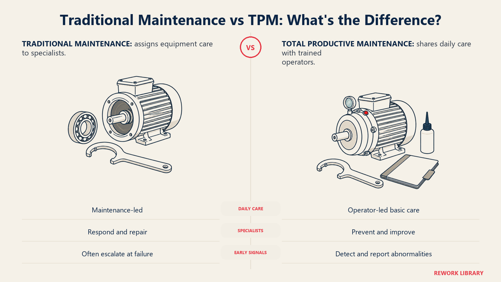 Traditional Maintenance vs TPM: What's the Difference: TPM adds operator-led daily care while specialists focus on prevention and complex maintenance.