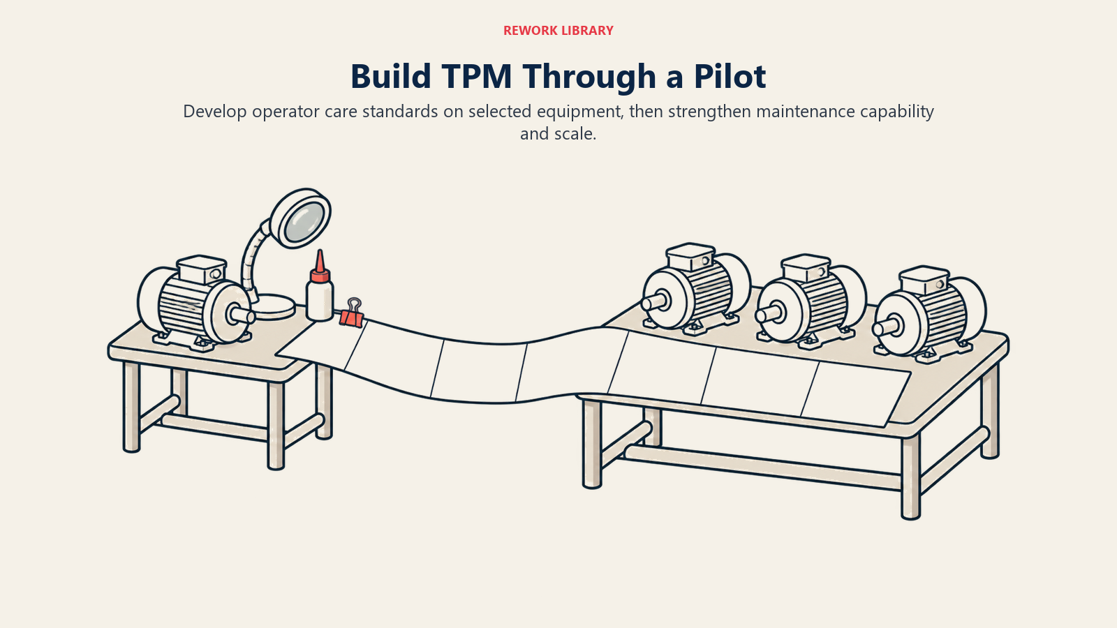 Build TPM Through a Pilot: Develop operator care standards on selected equipment, then strengthen maintenance capability and scale.