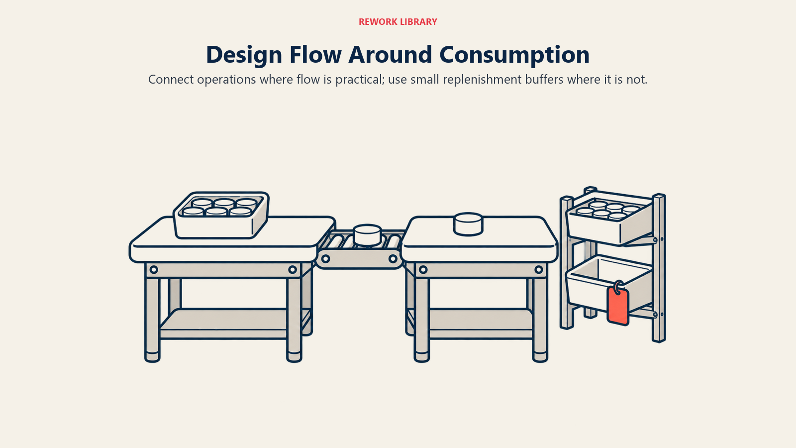 Design Flow Around Consumption: Connect operations where flow is practical; use small replenishment buffers where it is not.