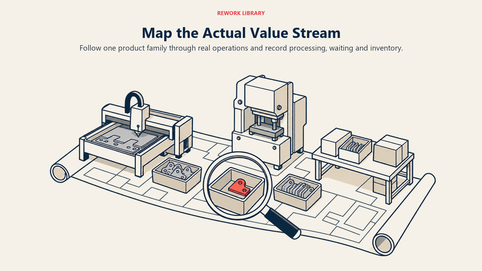 Map the Actual Value Stream: Follow one product family through real operations and record processing, waiting and inventory.