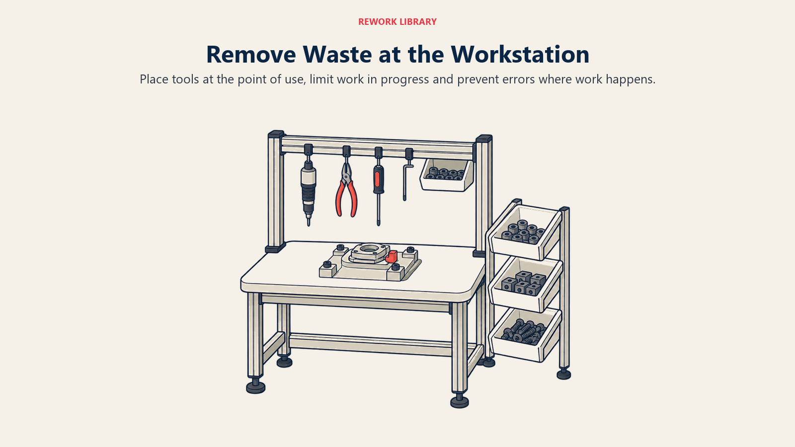 Remove Waste at the Workstation: Place tools at the point of use, limit work in progress and prevent errors where work happens.