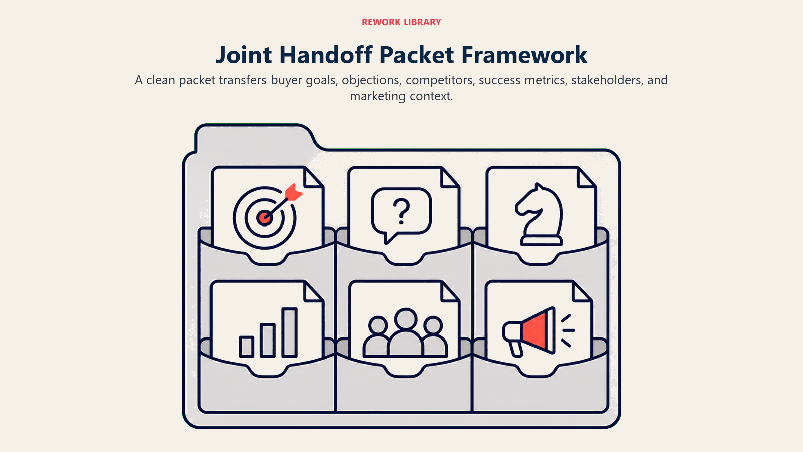 Joint Handoff Packet Framework shown as six-pocket handoff packet folder with abstract icons