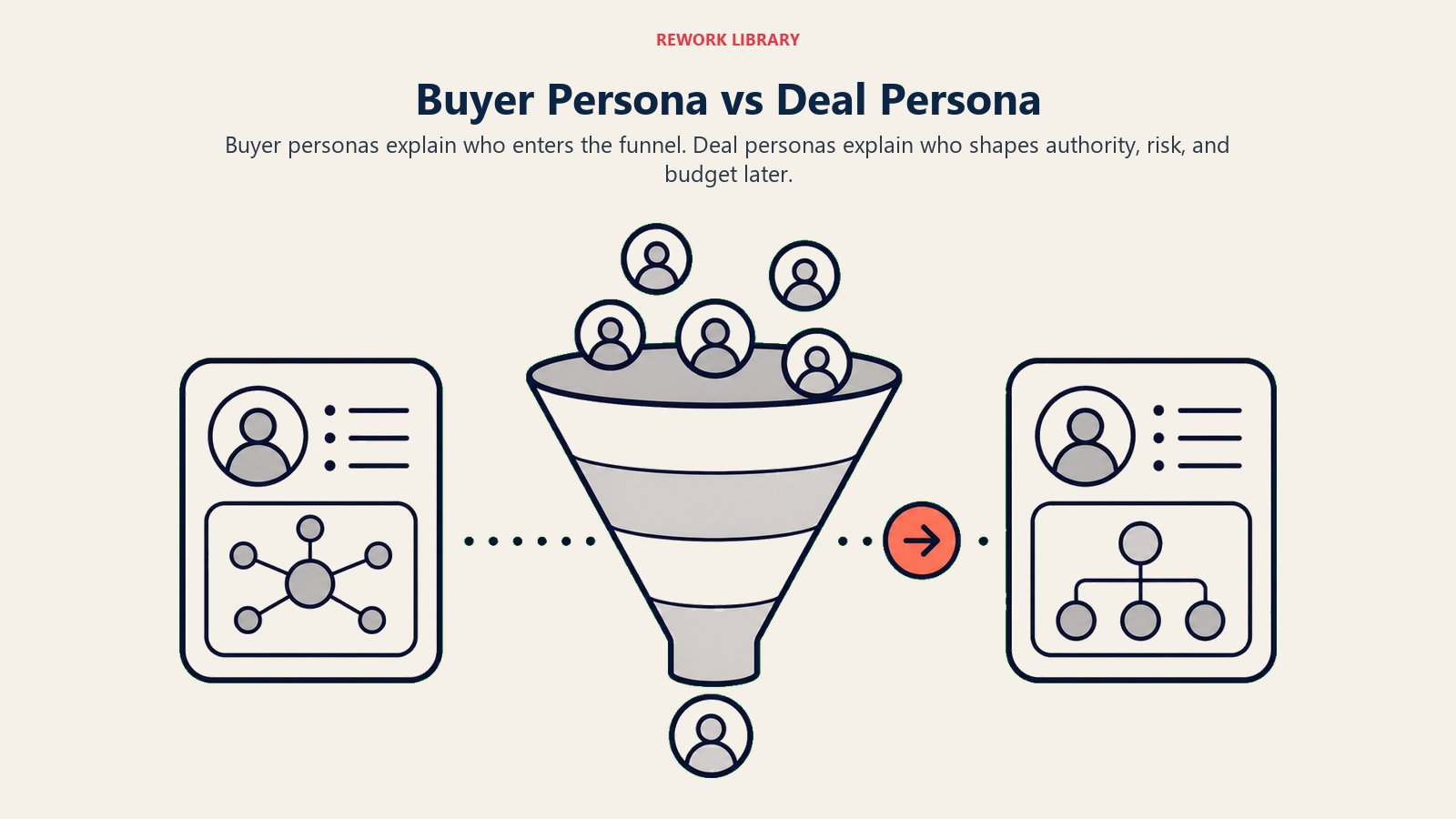 Buyer persona versus deal persona shown as two maps at different funnel stages