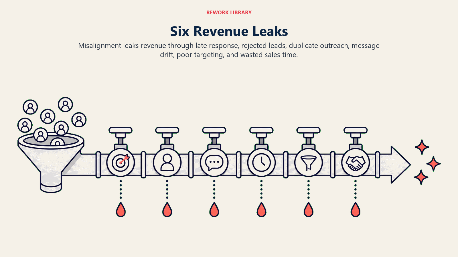 Six Revenue Leaks shown as soft revenue pipeline with six leak valves