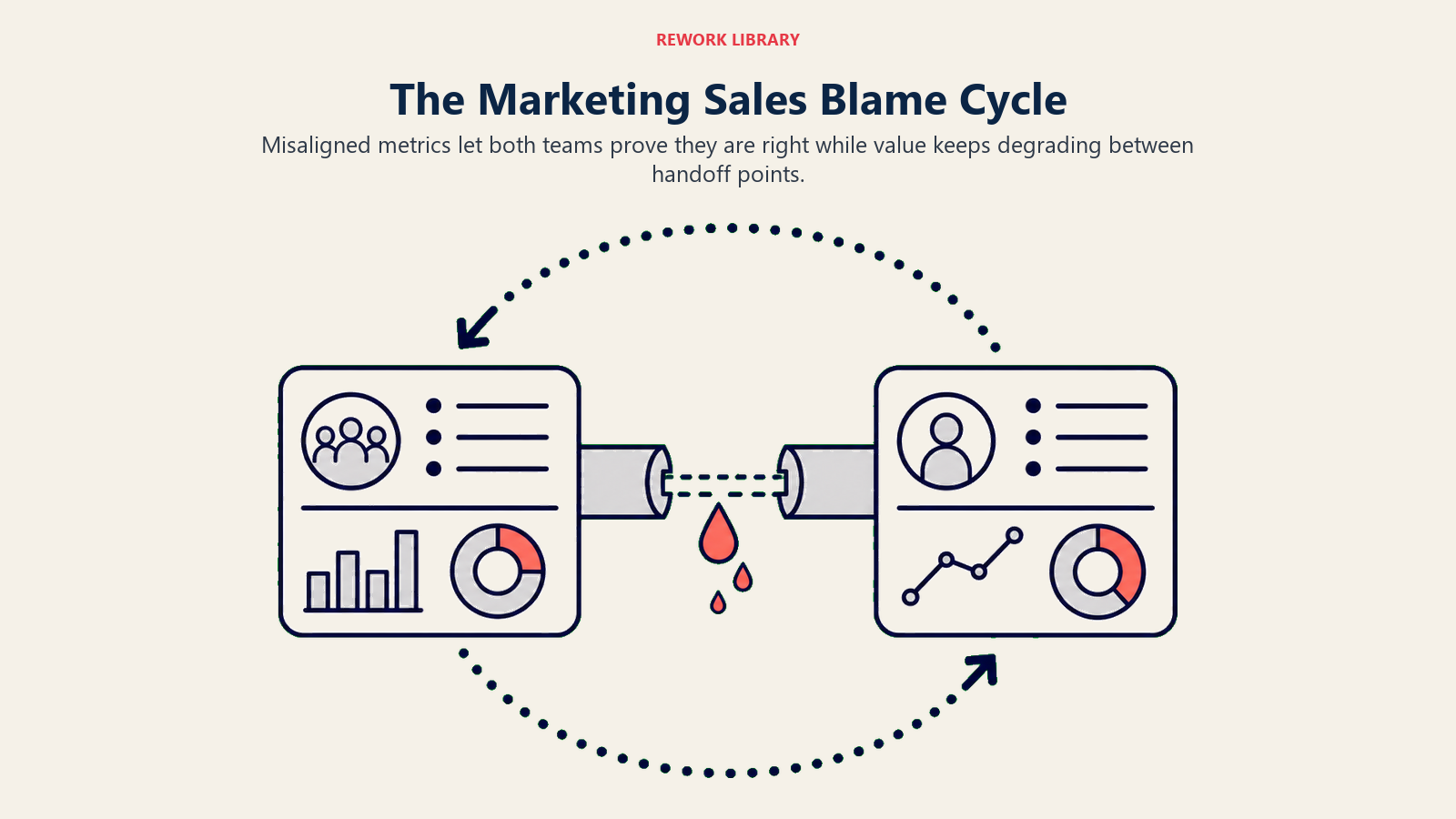 The Marketing Sales Blame Cycle shown as two abstract scorecards orbiting a circular blame loop with a coral leak gap