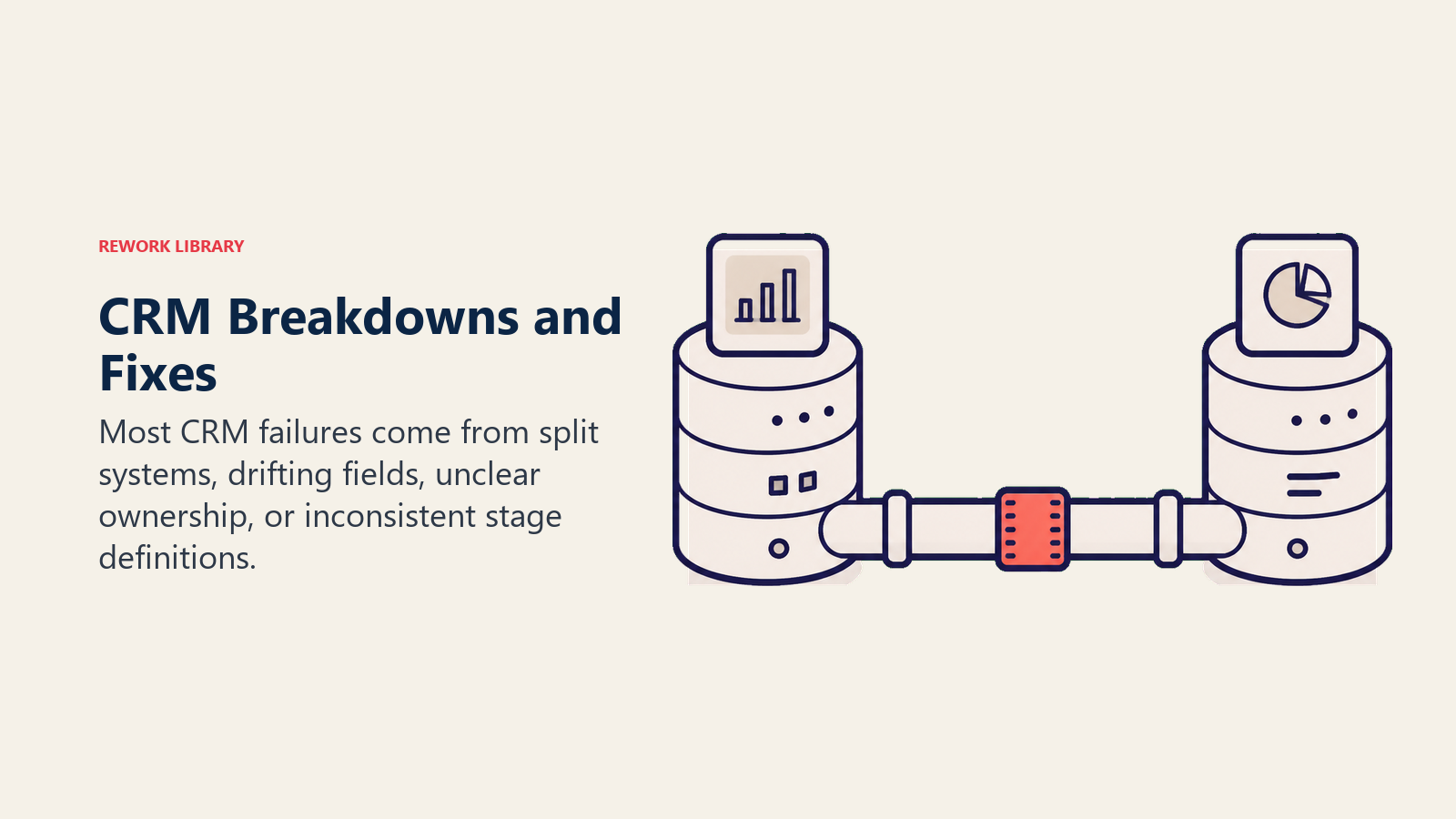CRM breakdowns and fixes shown as repaired data pipes between marketing and sales systems