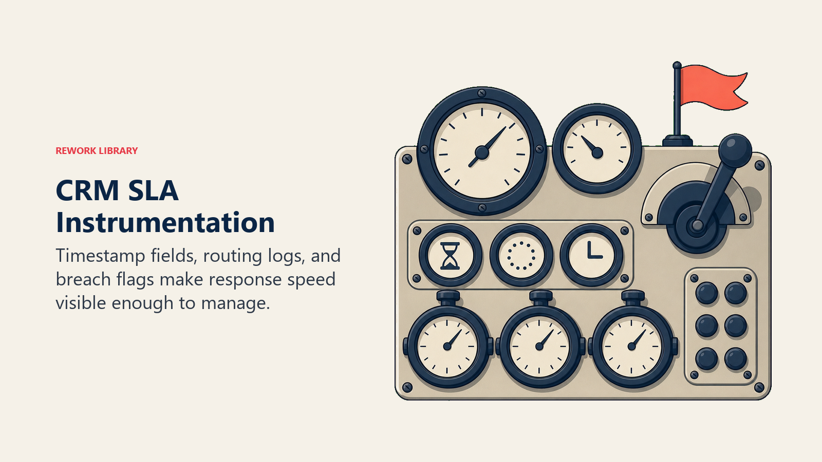 CRM SLA Instrumentation visual with timestamp gauges and a breach flag