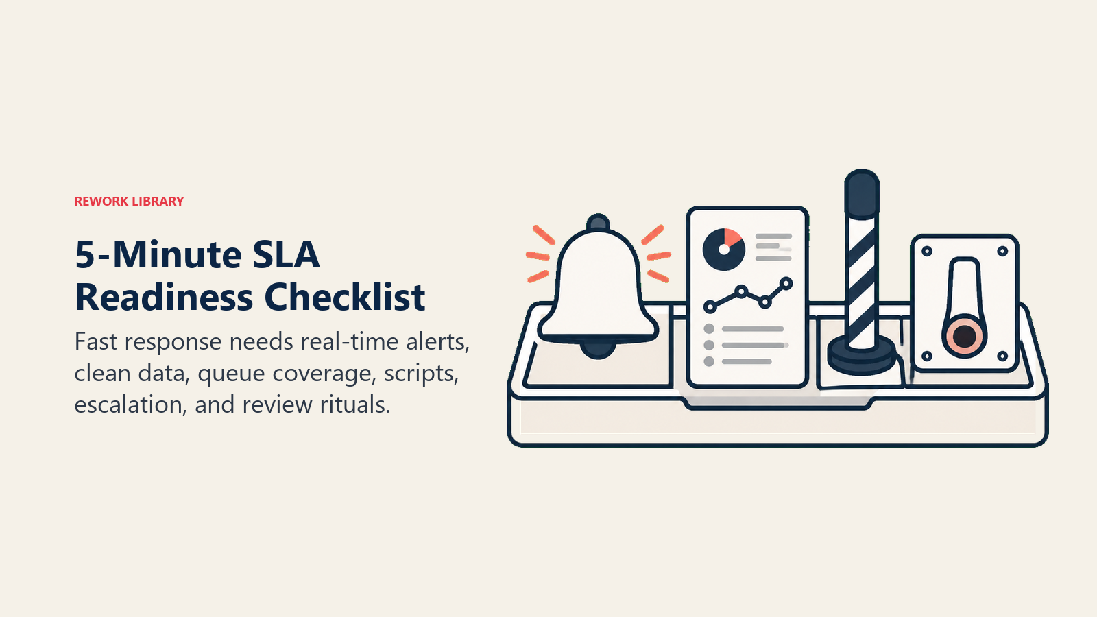 5-Minute SLA Readiness Checklist visual with alerts, data, queue coverage, and escalation tools