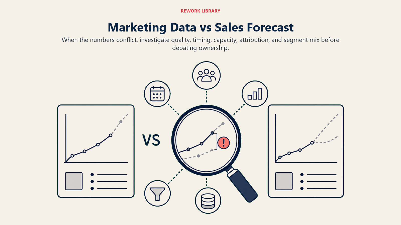 Marketing Data vs Sales Forecast shown as mismatched forecast sheets under a diagnostic lens
