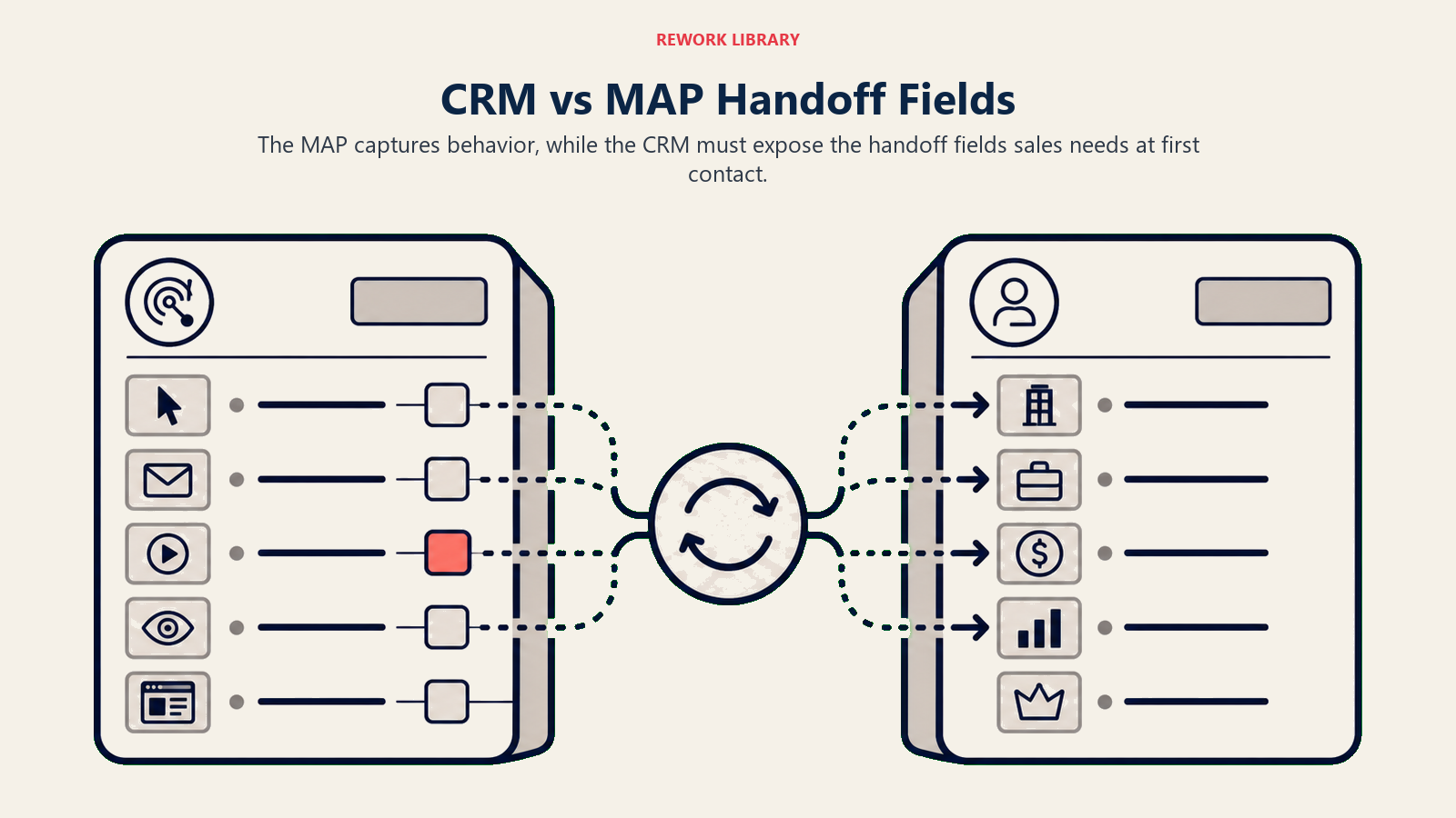 CRM versus MAP handoff fields shown as two systems connected by a sync bridge
