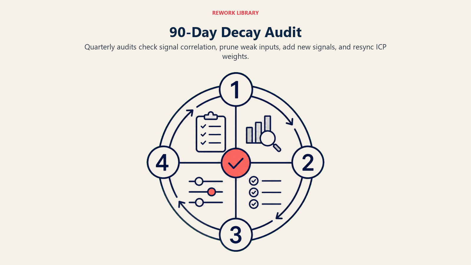 90-Day Decay Audit shown as four-part audit wheel with numbered steps