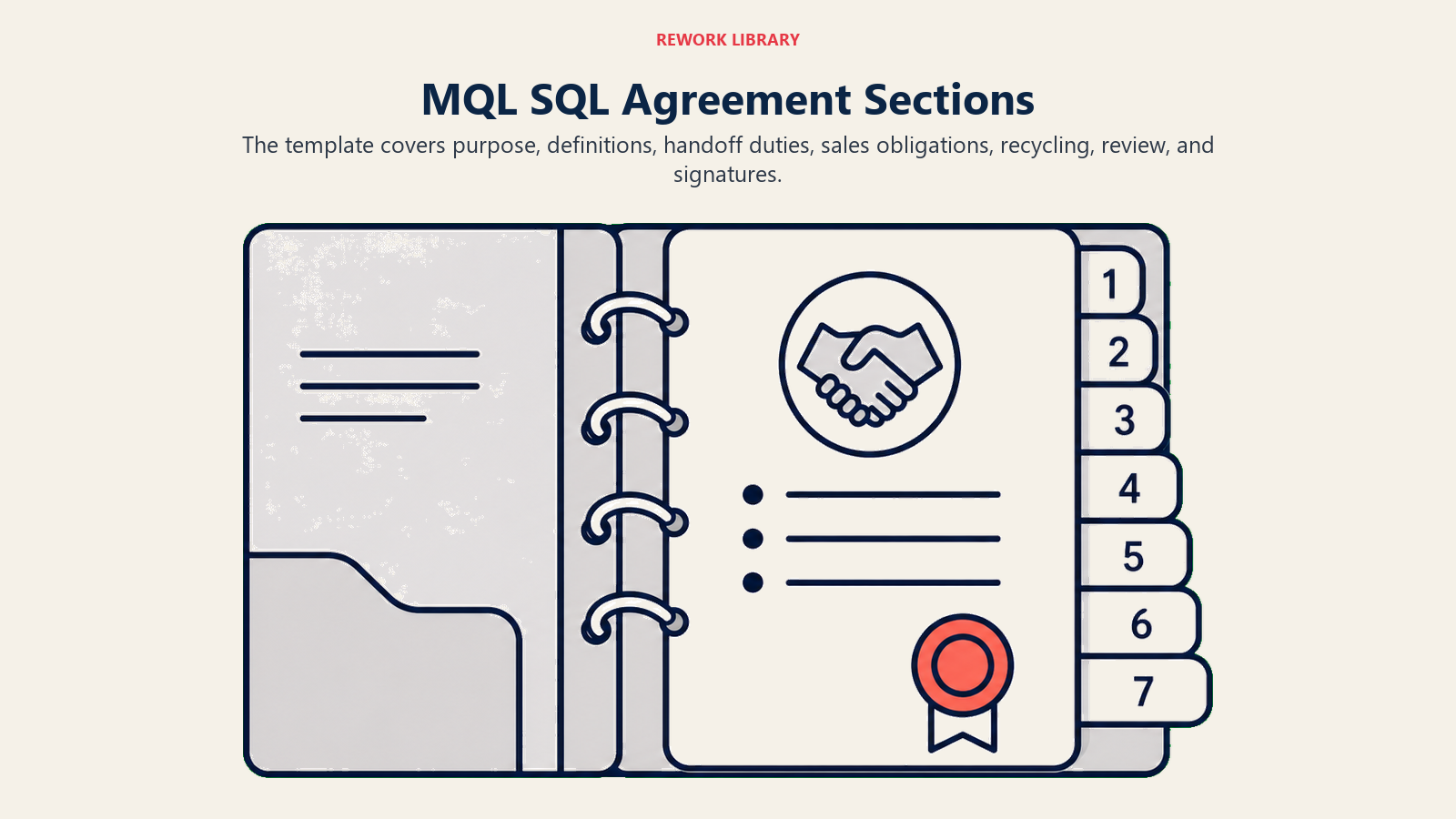MQL SQL Agreement Sections shown as seven-tab agreement binder with numbered tabs