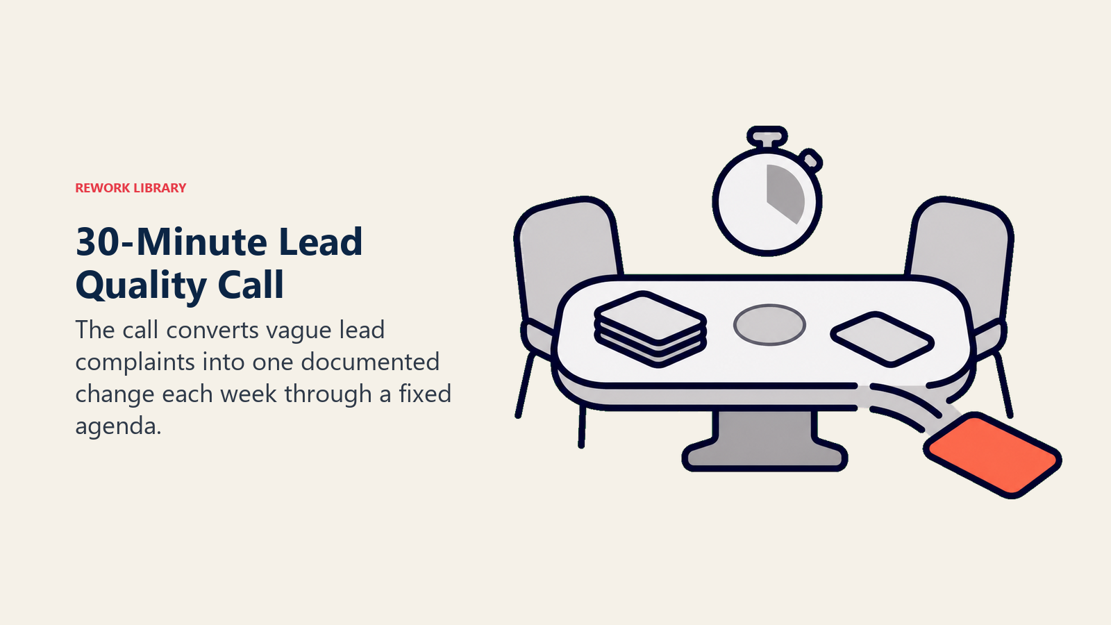 30-minute lead quality call shown as a small meeting workbench producing one change card