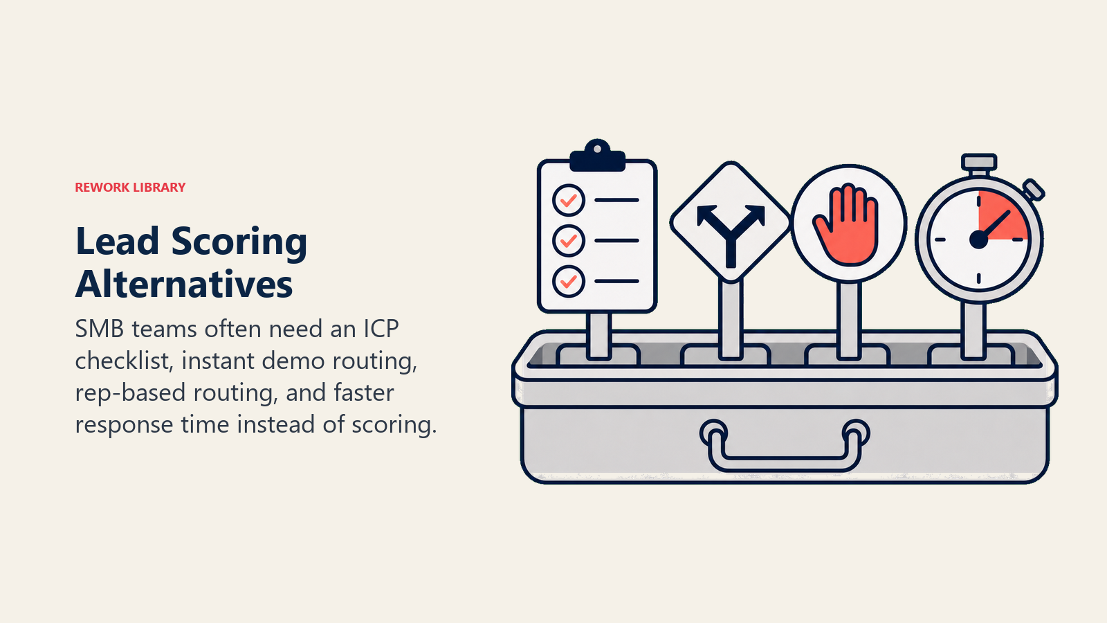 Lead Scoring Alternatives shown as four-tool qualification kit with checklist, route fork, hand-raise token, and fast clock
