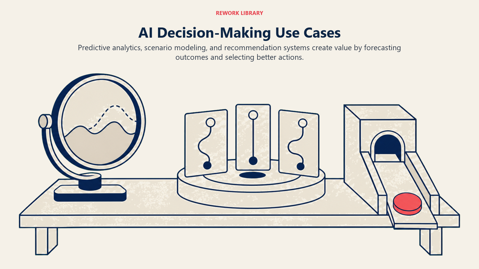AI decision-making use cases across predictive analytics, scenario modeling, and recommendation systems