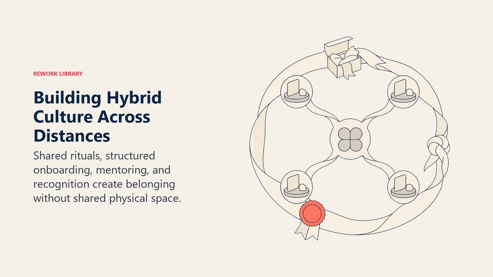 Building hybrid culture across distances shown as a woven ritual loop connecting remote locations