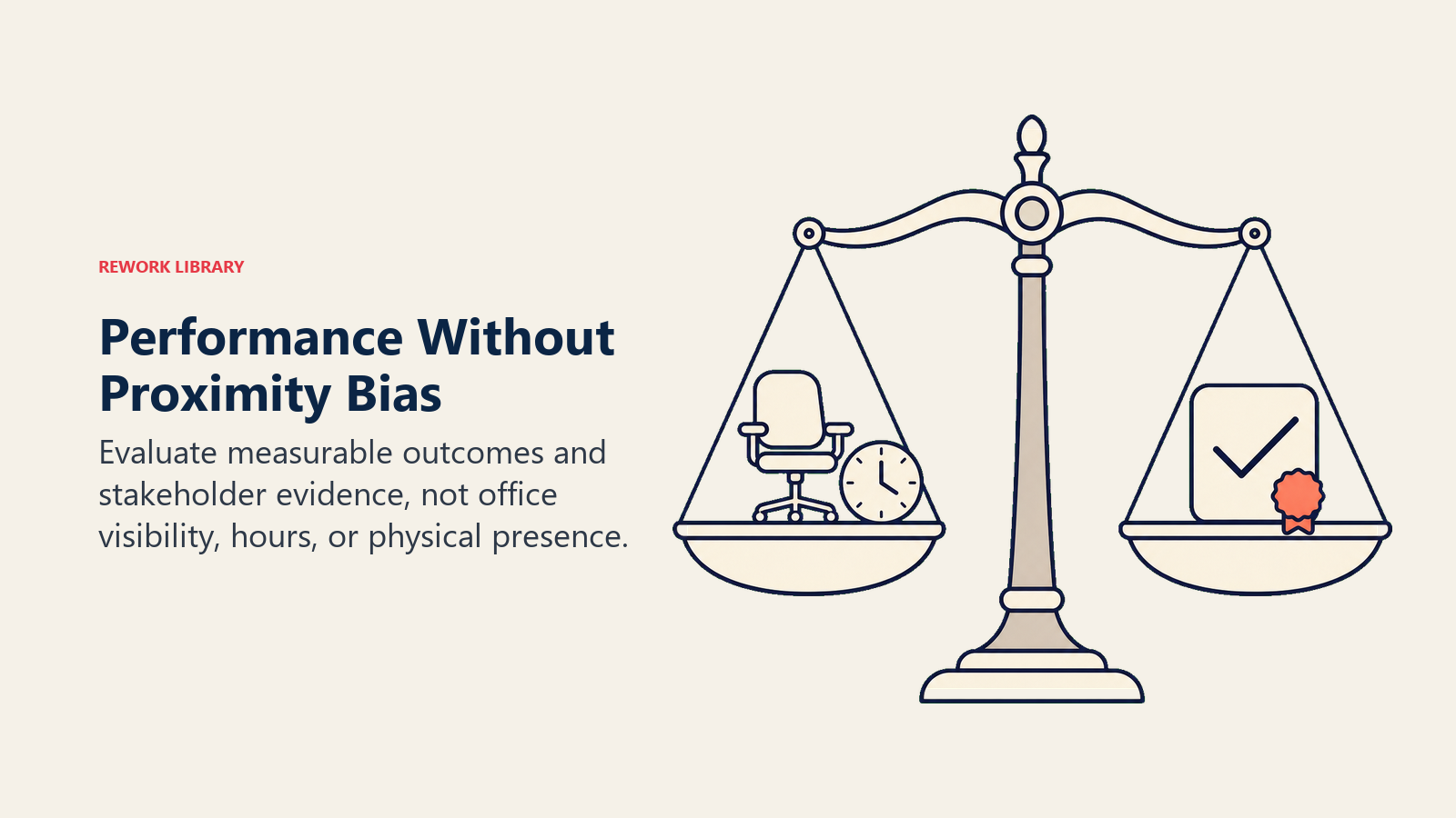 Performance without proximity bias shown as outcomes outweighing office visibility on a balance scale