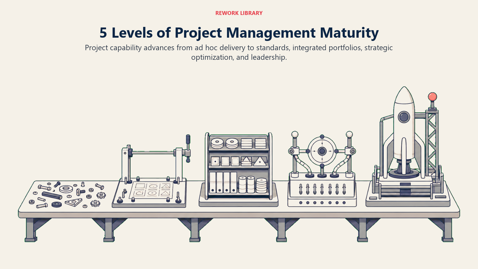 Five levels of project management maturity shown as loose project parts becoming an integrated portfolio launch system