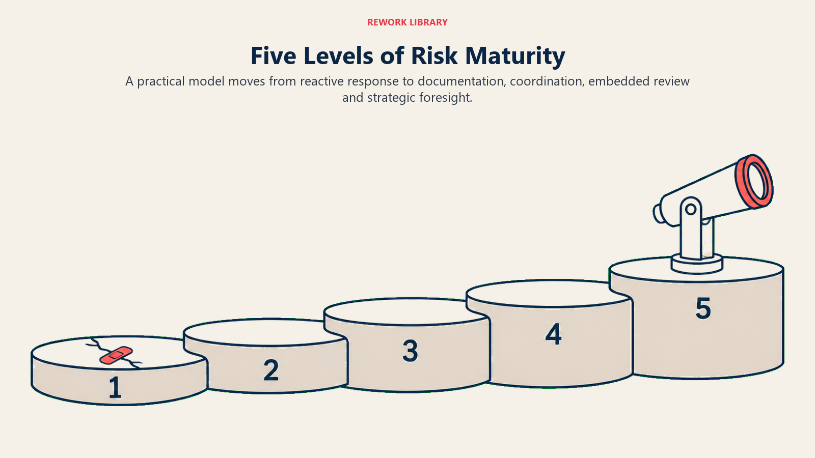A practical five-level risk maturity model progresses from reactive response toward strategic foresight.