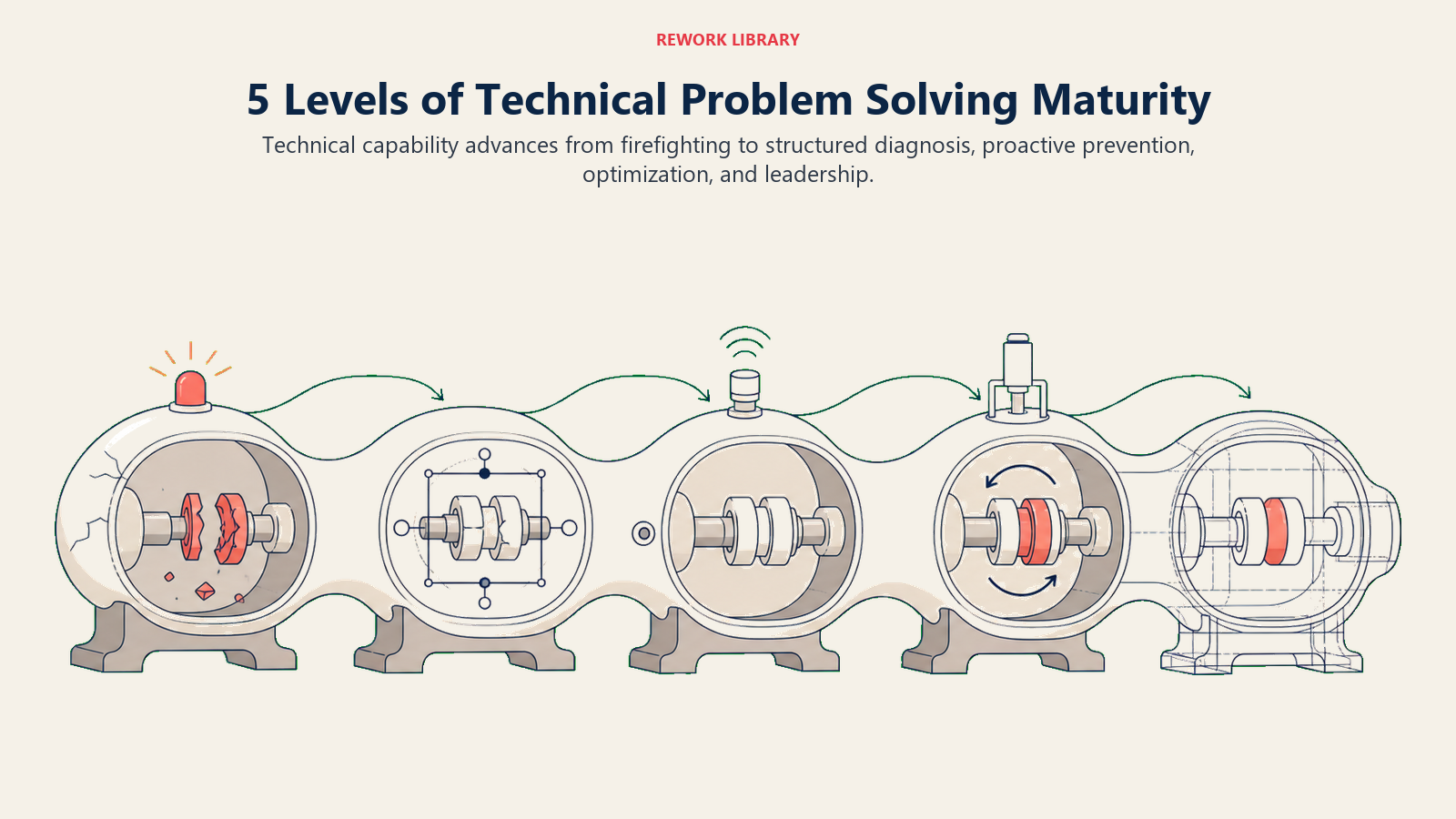 Five levels of technical problem solving maturity shown as a reactive machine evolving into predictive self-correction