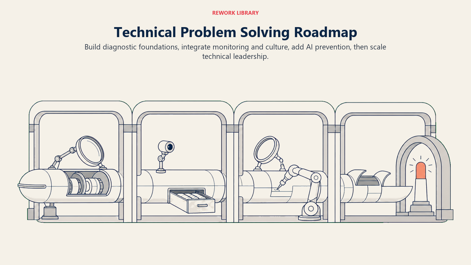 Technical problem solving roadmap moving through diagnostic foundations, monitoring, AI prevention, and technical leadership