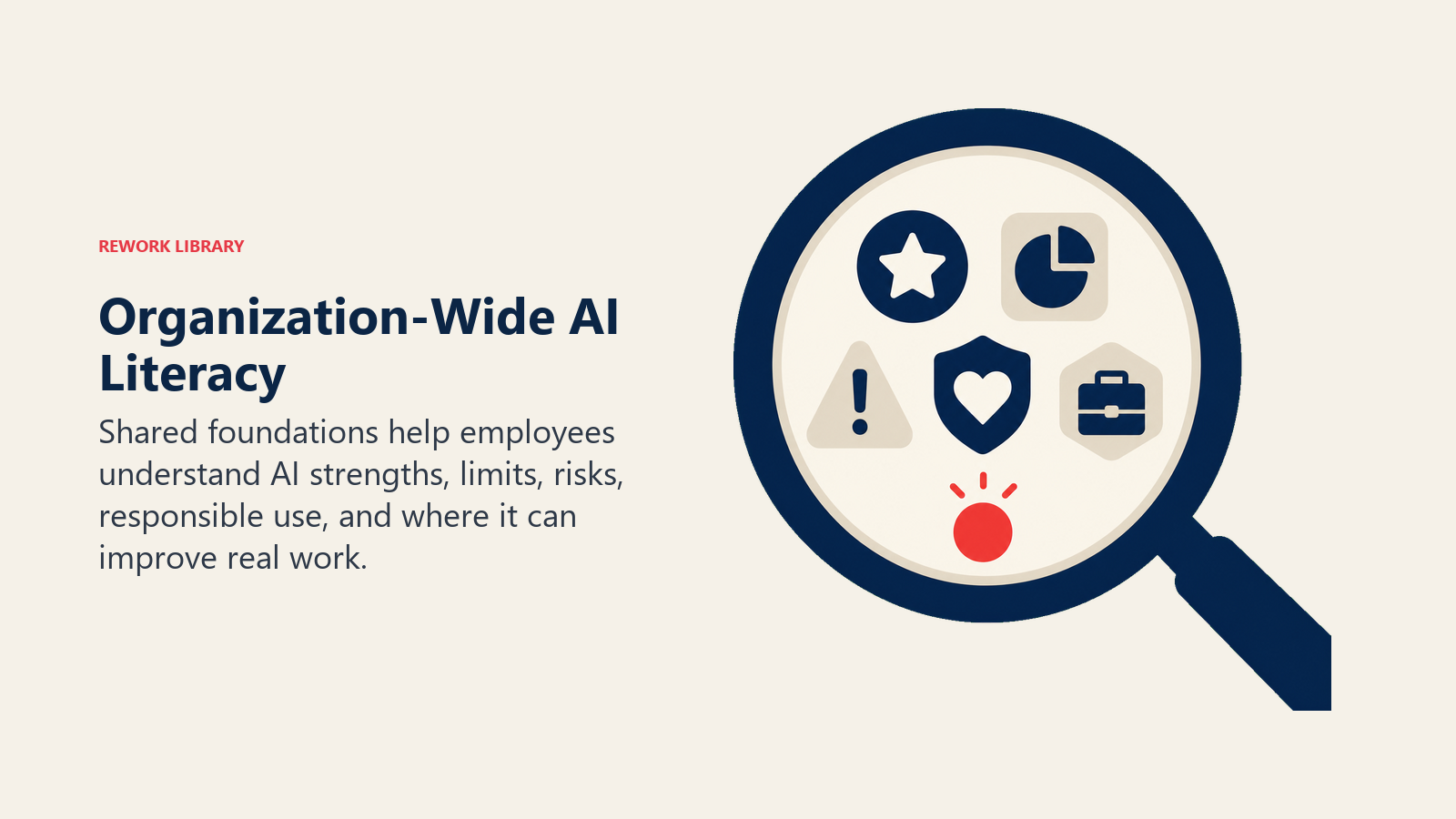 Organization-Wide AI Literacy visual showing a clear learning lens revealing five simple objects for strengths, limits, risk, responsibility, and useful work, with one coral insight marker