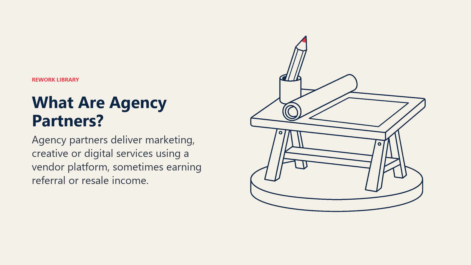 What Are Agency Partners: A creative workbench rests on a separate platform foundation, showing services built with a vendor tool.
