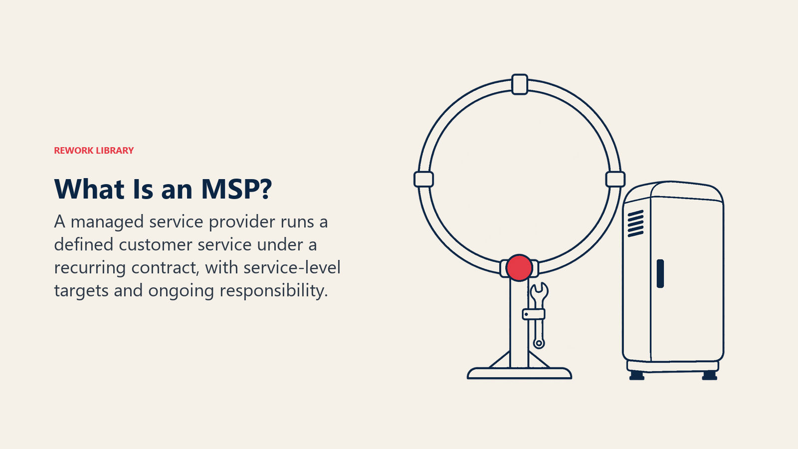 O que é um MSP: uma roda de serviço gira de forma constante ao lado de um armário de cliente protegido, mostrando operação contínua em vez de reparo pontual.