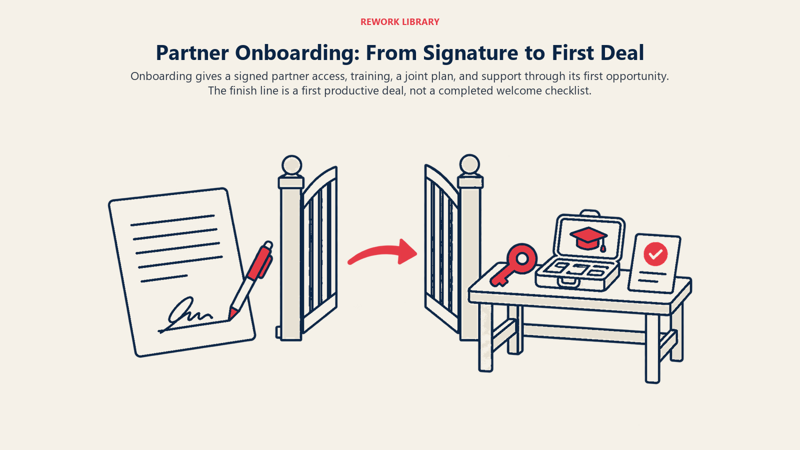 Onboarding Rakan Kongsi: Dari Tandatangan ke Deal Pertama digambarkan melalui pintu pengaktifan. Onboarding memberi rakan kongsi yang telah menandatangani perjanjian akses, latihan, pelan bersama dan sokongan sepanjang peluang pertamanya. Garis penamat ialah deal pertama yang produktif, bukan senarai semak sambutan yang lengkap.