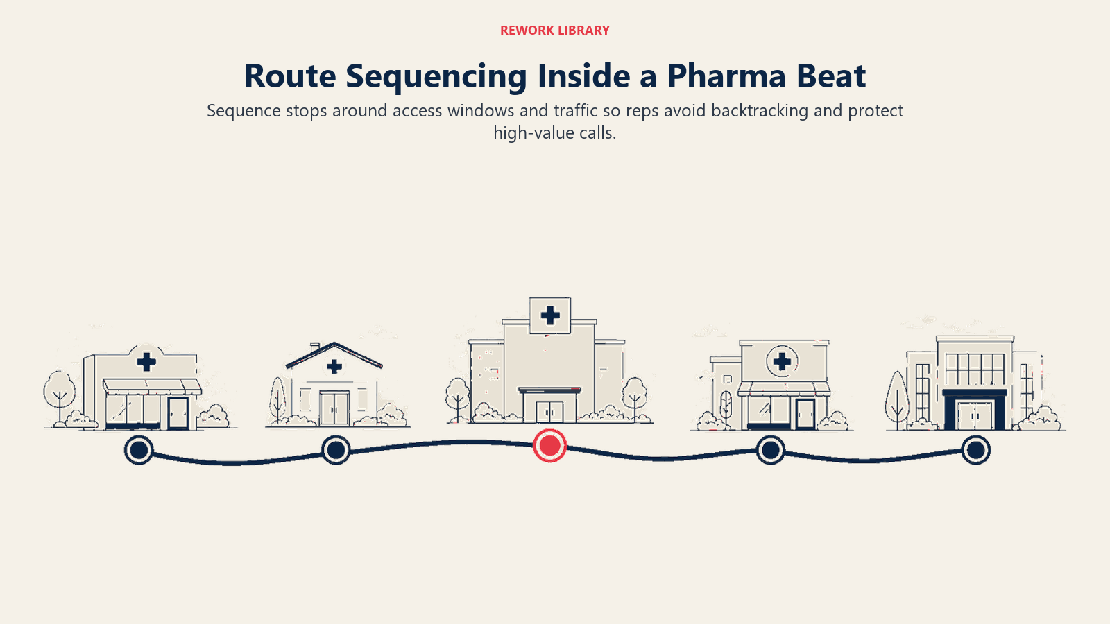 Pharma route sequencing shown as a non-backtracking path through pharmacy, clinic, and hospital stops