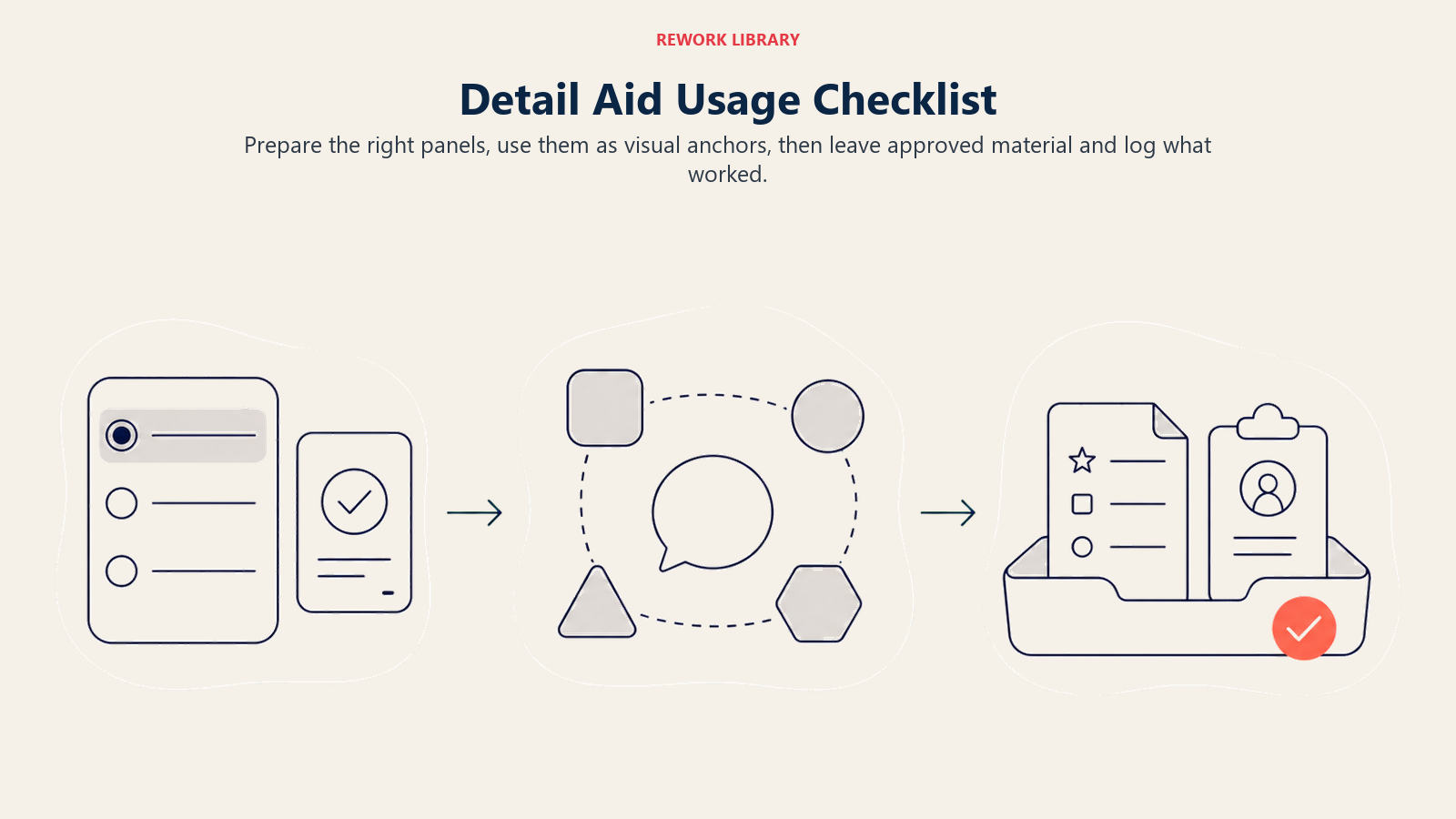 Detail Aid Usage Checklist illustrated as a three-stage prepare, anchor, and follow-through workflow