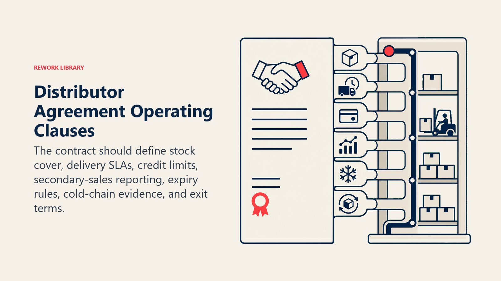 Distributor Agreement Operating Clauses illustrated with a contract folio with clause tabs locking into a warehouse route mechanism