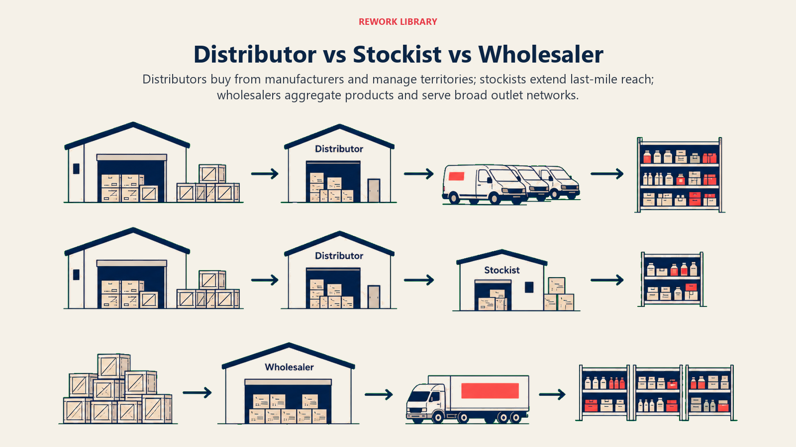 Distributor vs Stockist vs Wholesaler illustrated with three parallel channel lanes with distinct warehouse and outlet footprints