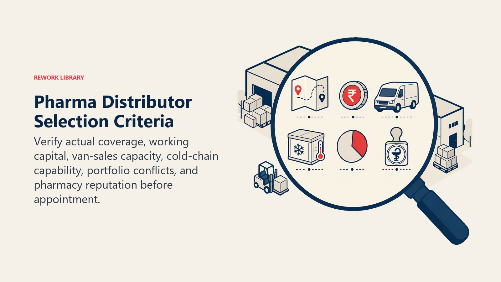 Pharma Distributor Selection Criteria illustrated with a large inspection lens revealing six evidence tokens inside a distributor depot