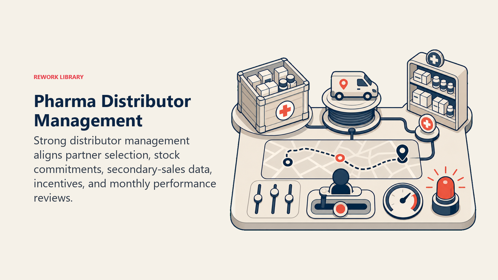Pharma Distributor Management illustrated with a compact distributor route-control workbench linking warehouse stock, van route, pharmacy shelf, and scorecard beacon